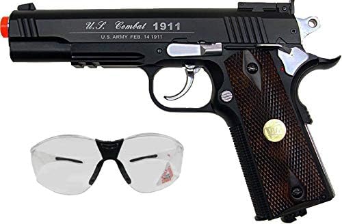 WG Non-Blowback Airsoft Pistol Package Including WinGun Special Combat 1911 CO2 Non-Blowback Airsoft Pistol (Black), Safety Shooting Glasses (Clear)