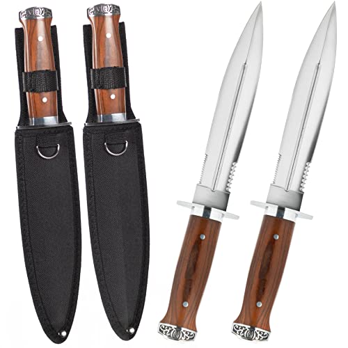 2er Set Outdoor Messer feststehend 33cm großes Jagdmesser mit Holzgriff und Nylonholster - Survival...