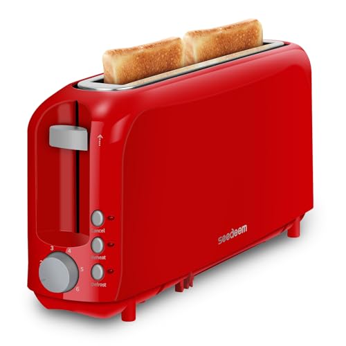 SEEDEEM 2 Slice Slim Toaster, Single 10' Long Slot Toaster Fits Bagels & Artisan Bread, 6 Shade Settings, Cancel/Reheat/Defrost, Removable Crumb Tray, Auto Shut-Off, Red