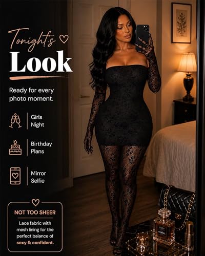 Image of Kafiloe Sexy 2 Piece Outfits for Women Clubwear Lace Tube Mini Dress Top with Stockings Set Birthday Outfits