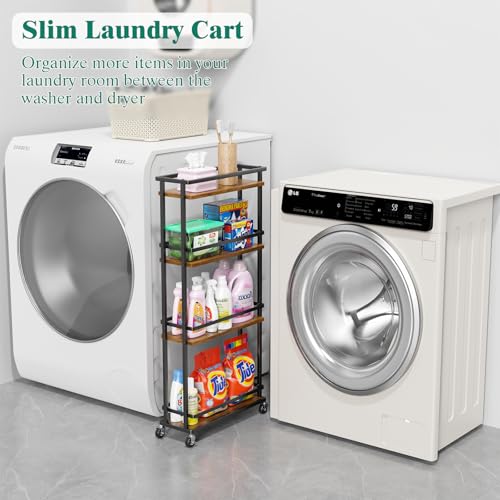 Giwil-Slim-Storage-Cart-4-Tier-Narrow-Kitchen-Rolling-Cart-on-Wheels-for-Small-Space-Mobile-Spice-Rack-Seasoning-Organizer-Utility-Serving-Cart-for-Kitchen-Bathroom-Laundry-Brown Giwil Slim Storage Cart 4 Tier Narrow Kitchen Rolling Cart on Wheels for Small Space Mobile Spice Rack Seasoning Organizer Utility Serving Cart for Kitchen Bathroom Laundry Brown