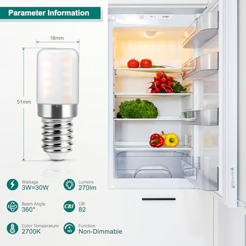 DiCUNO Kühlschranklampe E14 LED Lampe 3W, Warmweiß 2700K, ersetzt 30W Halogenbirne, 270LM, 82Ra, 360° Abstrahlwinkel, Glühbirne für Kühlschrank, Nähmaschine, 230V AC, 2er Set 2
