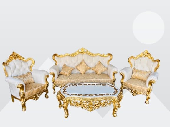 Image of Wooden 7 Seater Sofa Set, Solid Wood Hand-Carved Sofa with Golden Deco Finish, Traditional Design Furniture for Living Room, Home, Office