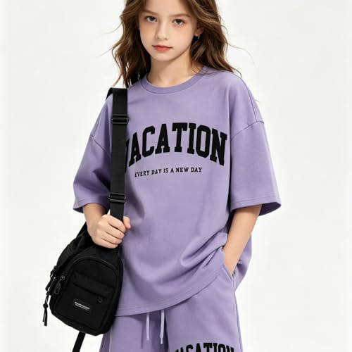 Image of Size 6-12 Years Girl's Tracksuit Sets 2 Piece Outfits Letter Print Vacation Tee Top and Drawstring Waist Shorts