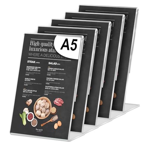 HOSPAOP 5 x Aufsteller A5, Acryl Tischaufsteller Schräg L Ständer Prospektständer Transparent DIN A5 Hoch mit Doppelseitigem Klebeband für Poster Flyer Speisekarten Preisschilder Hochzeiten