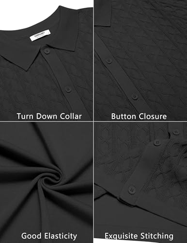 COOFANDY Men's Knit Short Sleeve Shirts Button Down Vintage Knitted Polo Shirt Casual Beach Crochet Cable Vacation Shirt - Image 6
