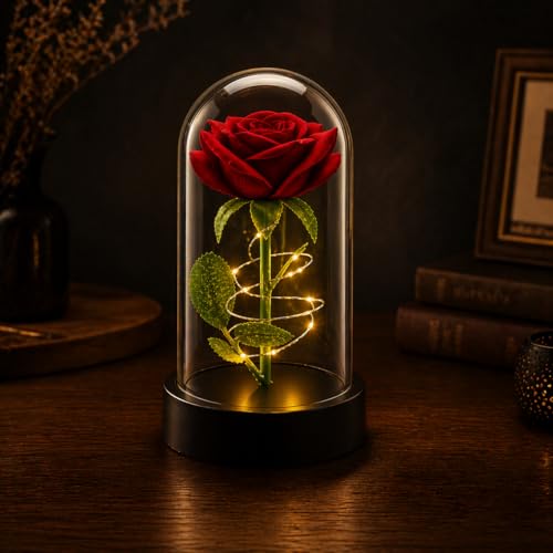 Rosa Artificial Encantada com LED em Cúpula – Presente Criativo para Mulheres, Dia dos Namorados e Dia das Mães