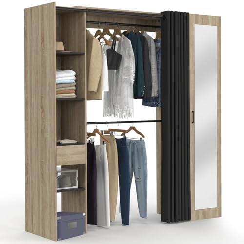 IDMarket - Dressing extensible MERYL 145/170 x 50 x 180 cm hêtre avec étagères + double penderie + miroir + rideau noir