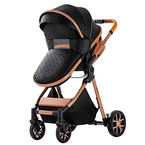 Standaardbuggy's Kinderwagen 3 in 1 Hoge Landschap Kinderwagen Liggende Kinderwagen Opvouwbare Kinderwagen Babywieg Pasgeboren Kinderwagen (Zwart Goud) - Afbeelding 3