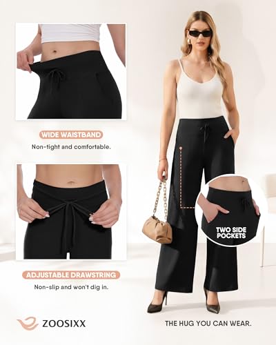 ZOOSIXX Lounge Pants Women - Yoga Pants Wide Leg Pants for Women Gaucho Loose Casual Flowy Palazzo Sweatpants Pajamas Trousers with Pockets for Work Travel Teacher Summer Vacation Beach Black - image 5