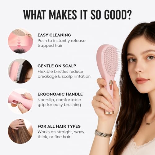 Image of Gleva Self-Cleaning Hair Brush, Detangling & Styling Brush with Anti-Static Bristles, Hair Massage Comb for Smooth & Tangle-Free Hair, Ideal for Men & Women (Pink)
