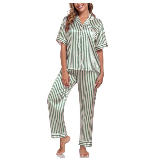 BestWendding Conjunto de pijama de seda feminino, manga curta, gola notch, camisa com calça longa, conjunto de pijama macio listrado de 2 peças, Verde champanhe, GG
