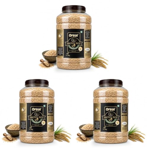 Image of Oreal Unpolished Brown Rice Jar 5 kg| Full Brown Intact | Enriched with Dietary Rich in Fibers & Nutrients | vitamins and minerals | with Long Grains | Full of Flavor and Aroma (Pack of 3)
