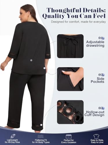 Womens Plus Size Pajama Set 3/4 Sleeve Lace Top Pants Lounge Set - image 4