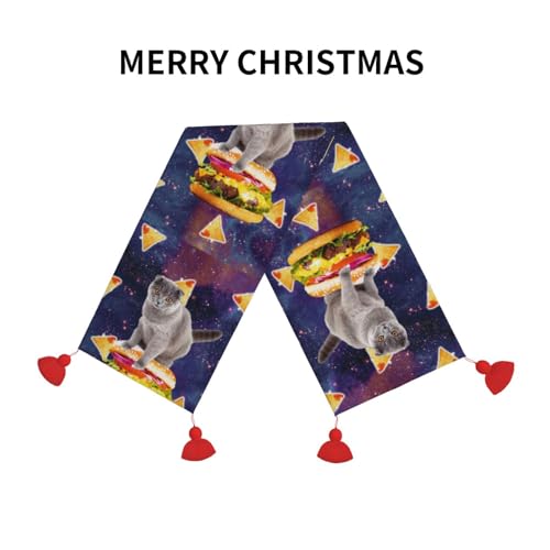 Chemin de table de Noël avec pompon et motif chat hamburger - 4