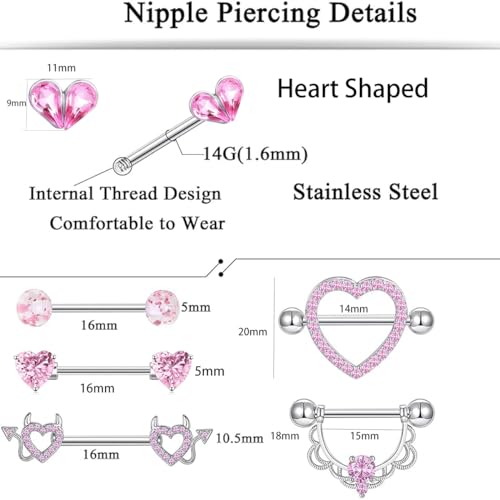 TIANCI FBYJS 6 Pairs Nipple Rings Stainless Steel Heart Butterfly Moon Flower CZ Stud Barbell Tongue Rings Set Cute Nipplerings Piercing Jewelry for Women Pink Tone2