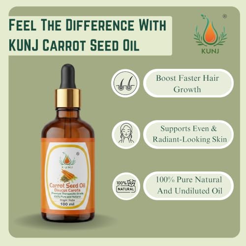 Image of KUNJ Carrot Seed Oil 100ML - Pure Natural Cold Pressed Carrier Oil for Glowing Skin, Face Care, Hair Nourishment, Massage, DIY Cosmetics & Daily Beauty Care