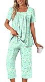POPYOUNG Plus Size Summer Womens Pajama Set 2 Pieces Pjs Ladies Pajamas Lounge Sleepwear with Pockets 2XL, Colorful Green Butterfly