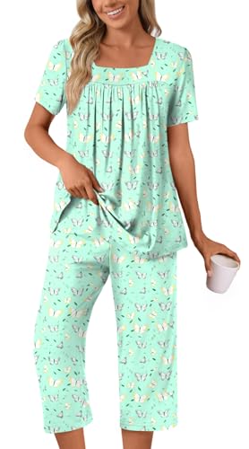 POPYOUNG Plus Size Summer Womens Pajama Set 2 Pieces Pjs Ladies Pajamas Lounge Sleepwear with Pockets 2XL, Colorful Green Butterfly