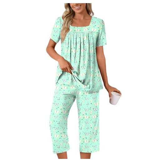 POPYOUNG Summer Womens Pajama Set 2 Pieces Pjs Ladies Pajamas Lounge Sleepwear with Pockets L, Colorful Green Butterfly