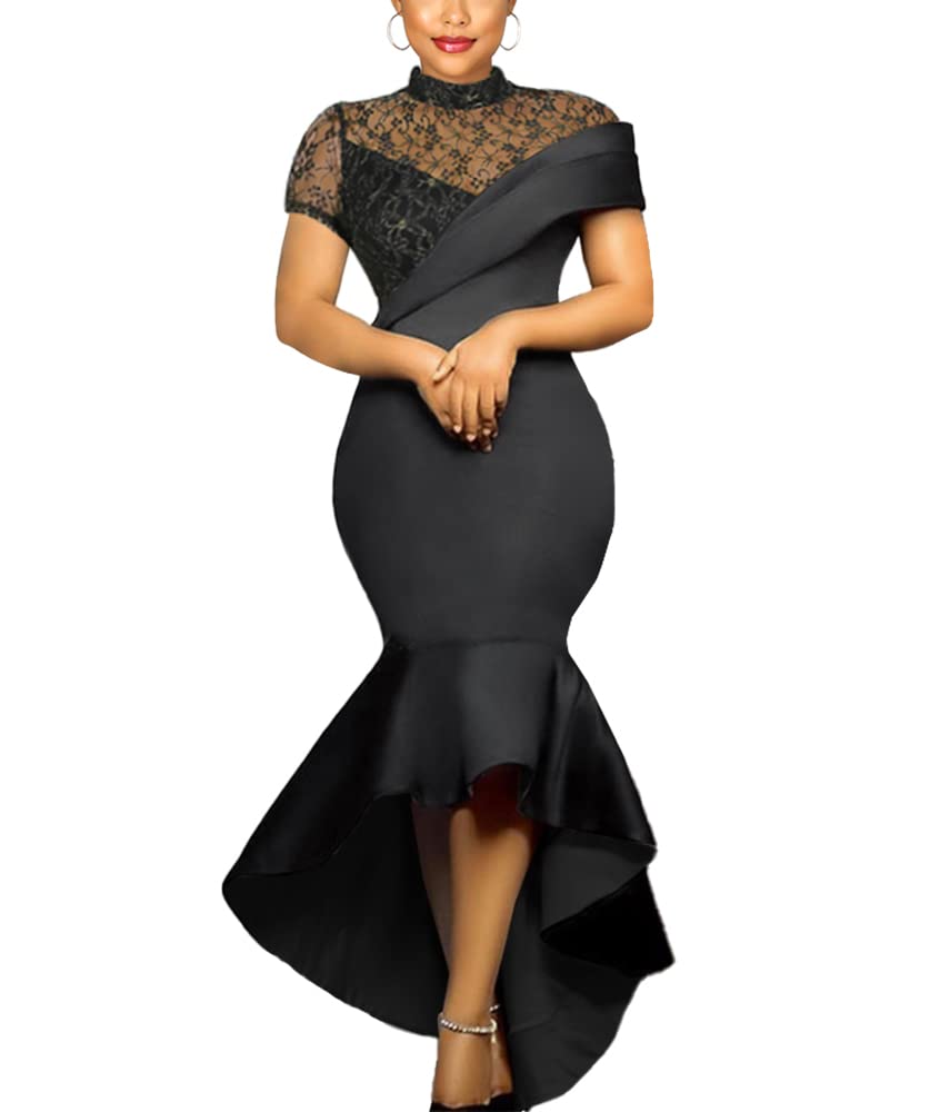 AOMEI Women's Black Lace Patchwork Asymmetrical Slim Mermaid Long Dress