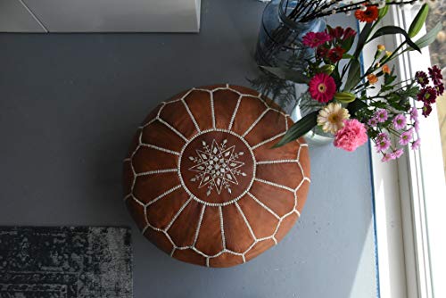 Premium Moroccan Leather Pouf - Handmade - Delivered Stuffed - Ottoman, Footstool, Floor Cushion (Cognac Brown) #TOP4