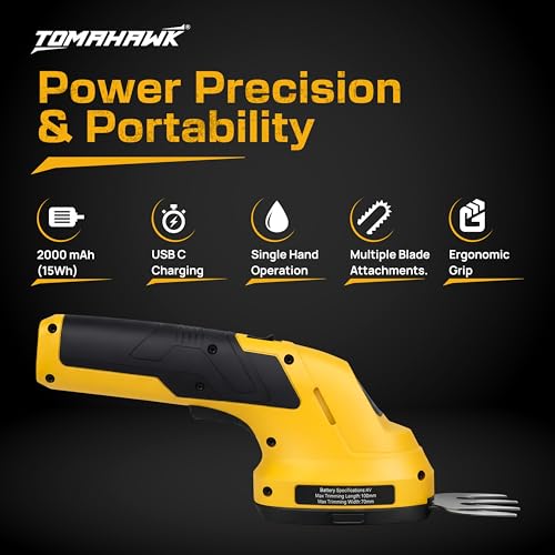 Image of TOMAHAWK CHT-8A Cordless Grass & Shrub Trimmer 3.7V | Lightweight Garden Shears | Tool-Free Blade Change | USB Rechargeable Battery | Handheld Hedge & Grass Cutter | Wire Less