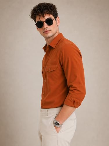 Image of Veirdo Men's Pure Cotton Utility Shirt | Full Sleeve Casual Button-Down with Dual Chest Pockets | Stylish & Comfortable Everyday Wear | Colors: Beige, Black, Maroon, Olive, Rust & White