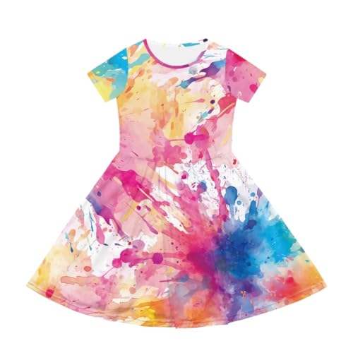 ENLACHIC Girl's Paint Splatter Print Short Sleeve Tshirt Dress Summer Casual Beach Sun Dress with Pockets 2-14 Years2