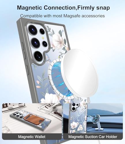 Image of VONZEE Compatible with Samsung Galaxy S25 Ultra 5G Case Luxury Retro Flowers Floral Clear for Magnetic Wireless Charging Case Shockproof Case PC+TPU Cute Glossy Shiny Cover for Girls Women, Grey