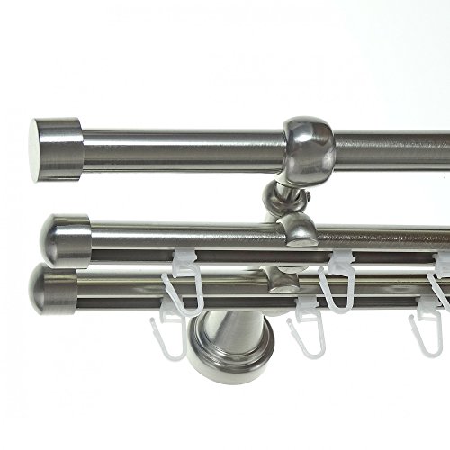 BASIT Rohr + 2X Innenlauf Gardinenstange Wandmontage 3 läufig 160cm lang Edelstahl Look Metall Gardinenstange 3 läufig Wandbefestigung Ø16mm I H14 RII