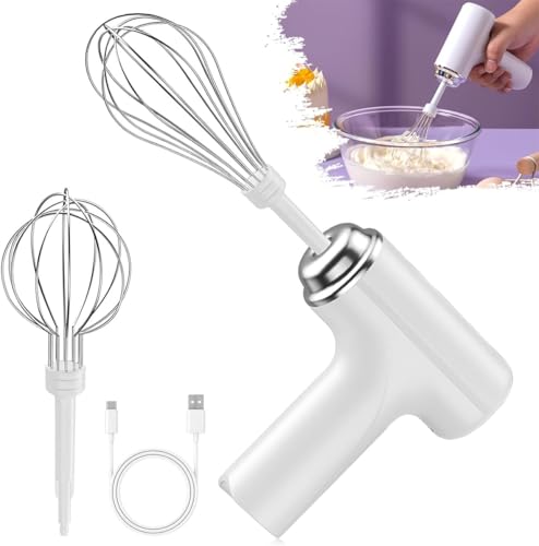 Cordless Hand Mixer Portable Electric Whisk with 3 Speed Modes Handheld Egg Beater with 2 Detachable Stir Whisks Compact Design (White)