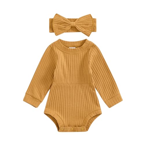 Image of Karwuiio Newborn Baby Girl Fall Outfits Long Sleeve Ribbed Knit Jumpsuit Romper with Headband Infant Clothes Sets