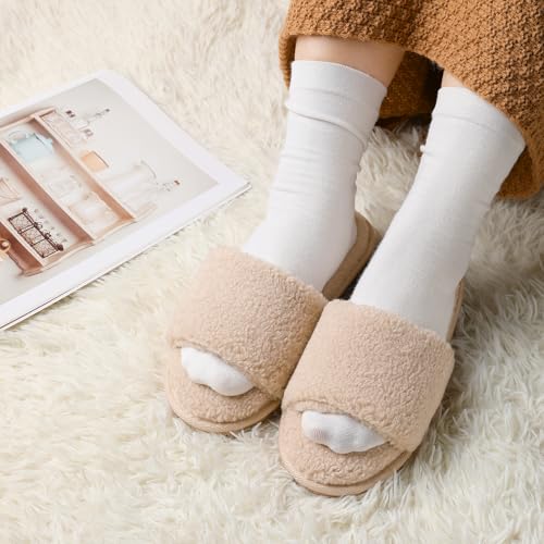 MIXIN Women's Open Toe Slippers Indoor Warm Fuzzy Fur Lining Soft Anti-Slip House Shoes2