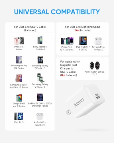 Image of Alimu USB C Charger Block 20W, Compact Fast Charger for iPhone 17 /16 /15 /14 /13 Series, Galaxy S25 /S24 /S23 /S22 /S22 Ultra /S21 /S20 /S10 /S9 /S8 /S7 /Edge /Note 10, Pixel 4 /3, iPad (White, 2 Pack)