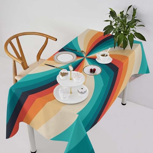 Vintage Groovy Swirl Tablecloth, 70s Boho Geometric Table Cover Mid Century Hippie Rotating Stripes Water Resistant Tabletop for Party Kitchen Dinning Table 55"x55"