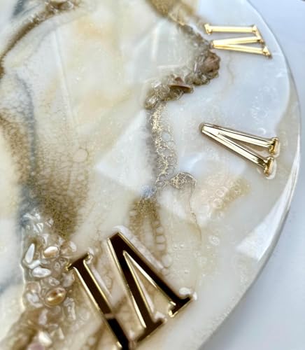 Image of Handmade Resin Wall Clock with Roman Numerals - Luxury Marble Effect Designer Wall Clock with Gold Finish, Silent Quartz Movement, Modern Home & Office Decor (White Golden)