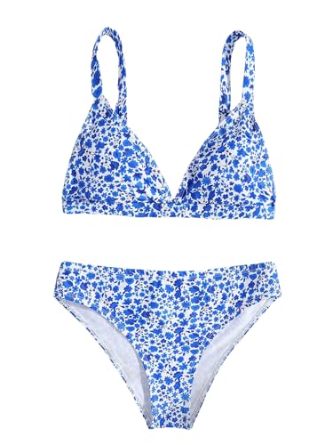 Milumia Girl's 2 Piece Swimsuit Ditsy Floral Spaghetti Strap Triangle Bikini Set Bathing Suit Multi Floral Blue 12 Years