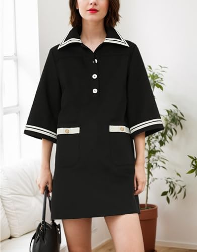 Image of Kedera Women Short Sleeves Button Shift Dress V Neck Summer Tshirt Dress with Pockets