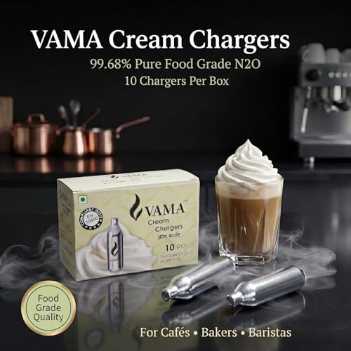 Image of Shoppers Hub PNQ VAMA SS 8g N₂O Cream Chargers for Whipping Cream | 99.6% Pure | FSSAI Certified | Ideal for Cafes, Coffee Chains, Bakeries, Hotels & QSR - Box of 10