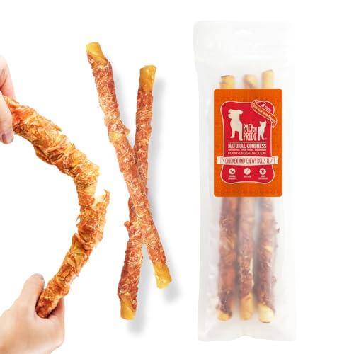 PACK'N PRIDE Dog Treats for Large Dogs, 1 Pack*315g (3 Sticks included), Chicken Wrapped Rawhide Dog Chews Long Lasting, Low-fat and High in Protein