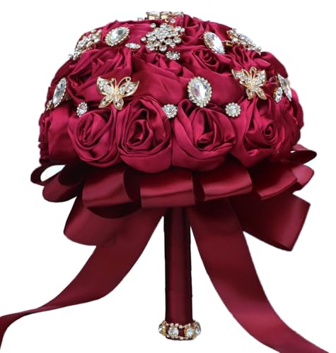 6.3" Dark Red Bridal Wedding Bouquet Round Bling Brooch Bouquet Throw Toss Artificial Rose Flower Bunch for Bride Bridesmaid Wedding Quinceanera