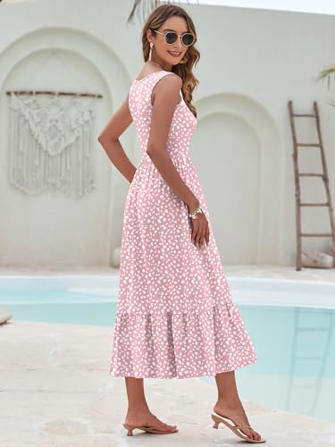 Image of AUSELILY Womens Summer Maxi Dress Casual Sleeveless V Neck Floral Dresses | A line shape with practical side pockets, Vacation dress for resort walks, Pair with low heels and simple jewelry
