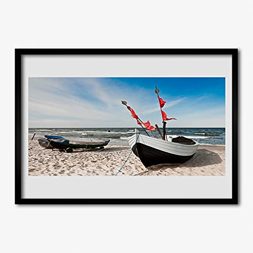 Affiche encadrée murale 70x50 cm cadre en MDF tableau photo paysage de plage de bateau salon
