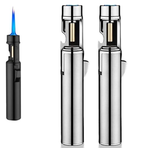 WANFANK Encendedor antorcha Multifuncional a Prueba de Viento abridor de Botellas 2 en 1, Llama Larga Ajustable, Recargable con butano, Adecuado for barbacoas de Camping.(2 Silver)