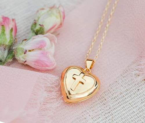 Precious Pieces Girl's 14K Gold Plated or Sterling Silver Cross Heart Locket Necklace3