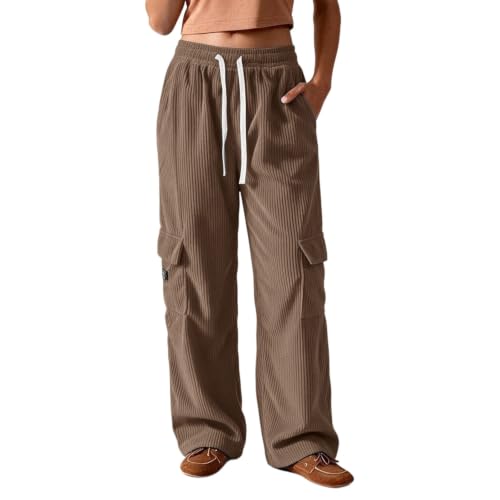 Womens Corduroy Pants Baggy Casual Wide Leg High Waist Cargo Pant Trousers - image 2