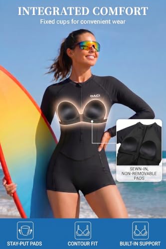 Image of Daci Women Long Sleeve Rash Guard One Piece Boyleg Swimsuit Zipper Surfing Bathing Suit UPF 50+