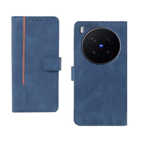 Image of amazon basics Vivo X300 Pro 5G Flip Cover | Card Pockets Wallet & Stand | Flip Cover for Vivo X300 Pro 5G (Blue with Beige Strip)