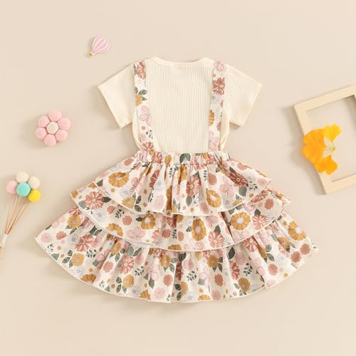 Image of Toddler Baby Girl Summer Clothes Kids Short Sleeve Solid T-Shirt Ruffle Daisy Skirts Overalls Dress Outfit 18M-6T
